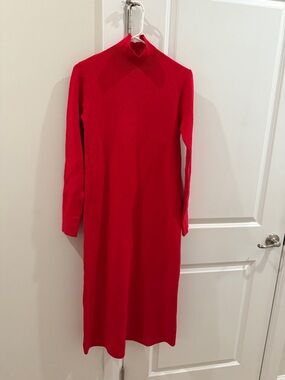 Zara Bright Red Long-Sleeve Knit Midi Dress
